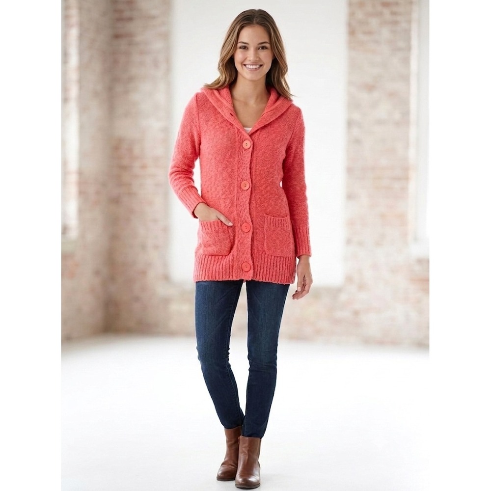 At Last New York Pink Cotton Hooded Button Front Cardigan Sweater Small